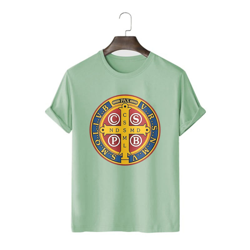 Christianartworkshop Classic Style Golden St. Benedict Medal Short Sleeve T-shirt - Light Green - 2XL - image 11
