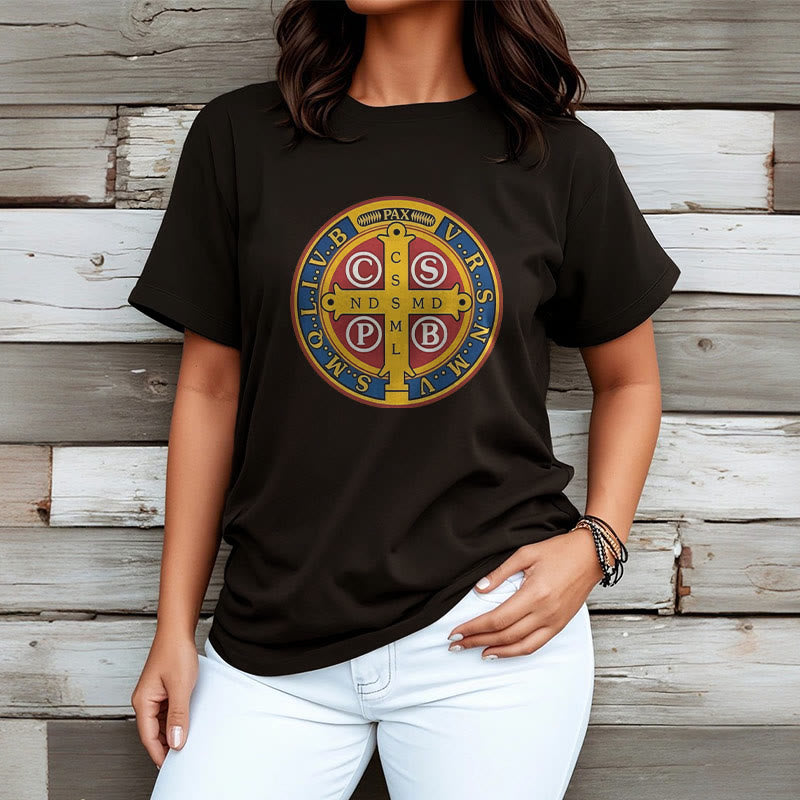 Christianartworkshop Classic Style Golden St. Benedict Medal Short Sleeve T-shirt - image 1