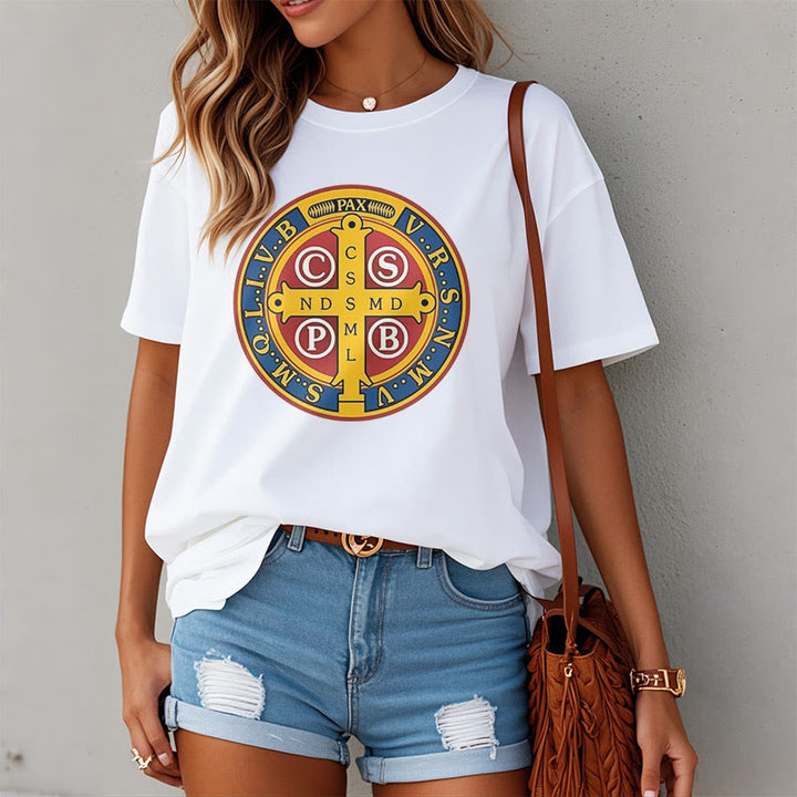 Christianartworkshop Classic Style Golden St. Benedict Medal Short Sleeve T-shirt - image 6