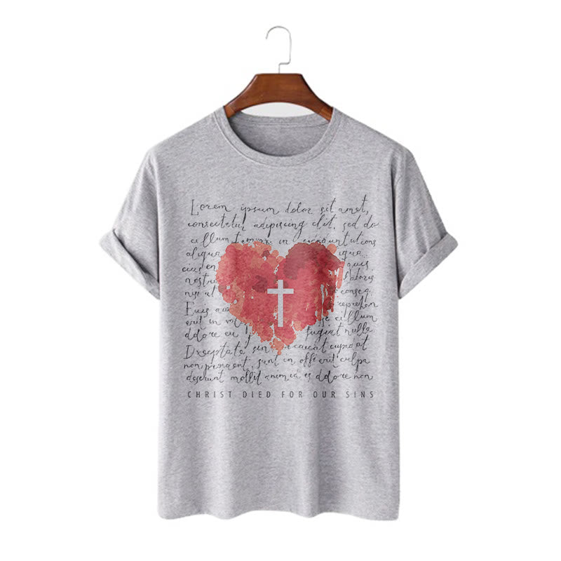 Christianartworkshop Fresh Style Cross and Heart Short Sleeve T-shirt - Grey - 2XL - image 17