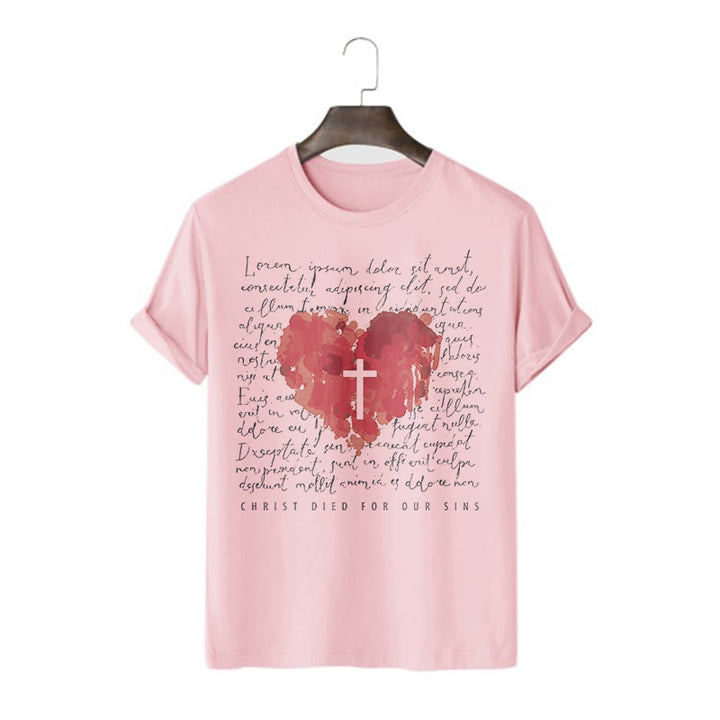Christianartworkshop Fresh Style Cross and Heart Short Sleeve T-shirt - Pink - 2XL - image 14