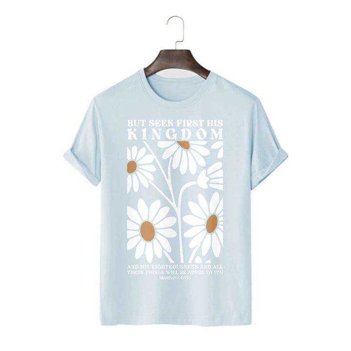 Christianartworkshop Quotation Style Matthew 6:33 But Seek First His Kingdom Floral Short Sleeve T-shirt - Blue - 2XL - image 14