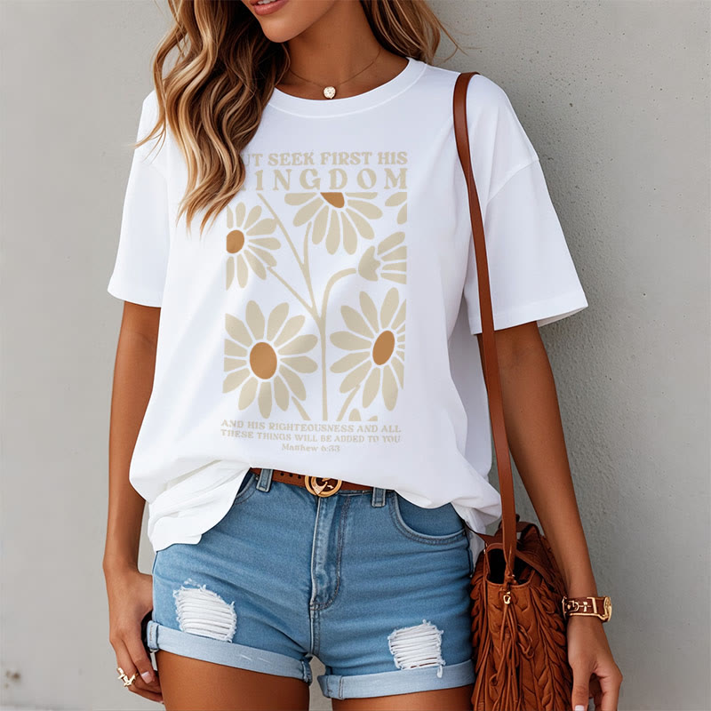 Christianartworkshop Quotation Style Matthew 6:33 But Seek First His Kingdom Floral Short Sleeve T-shirt - image 3