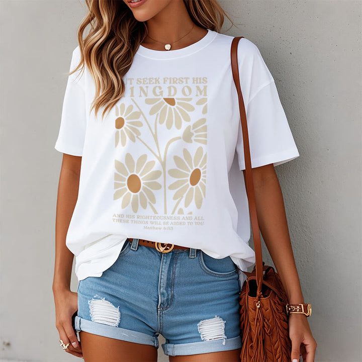 Christianartworkshop Quotation Style Matthew 6:33 But Seek First His Kingdom Floral Short Sleeve T-shirt - image 3