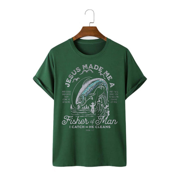 Christianartworkshop Quotaion Style Jesus Made Me A Fisher Of Man Short Sleeve T-shirt - Dark Green - 2XL - image 7