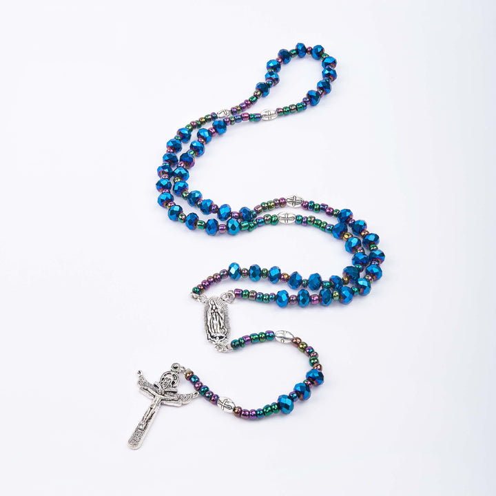Christianartworkshop Our Lady of Guadalupe & Trinity Cross of 4*6 mm Polyhedron Blue Crystal Nylon Cord Rosary - image 6