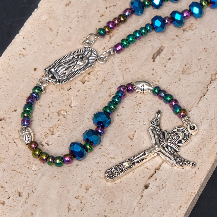 Christianartworkshop Our Lady of Guadalupe & Trinity Cross of 4*6 mm Polyhedron Blue Crystal Nylon Cord Rosary - image 4