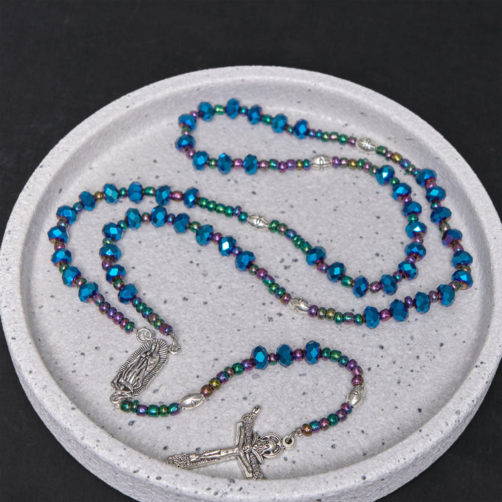 Christianartworkshop Our Lady of Guadalupe & Trinity Cross of 4*6 mm Polyhedron Blue Crystal Nylon Cord Rosary - image 2