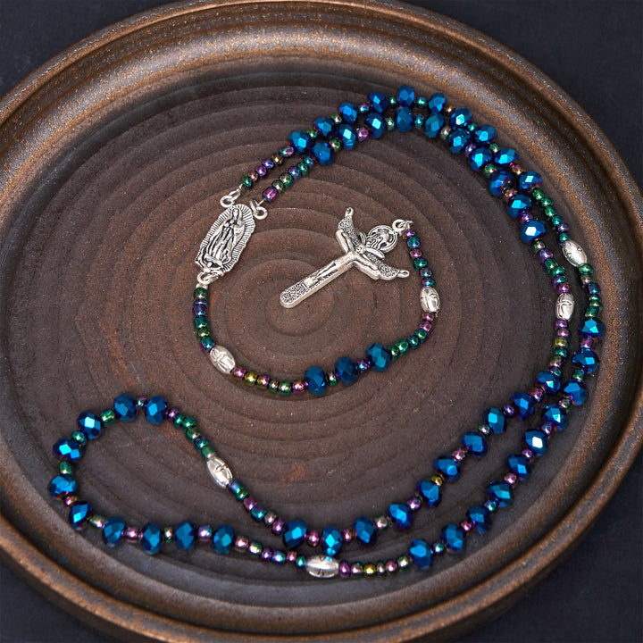 Christianartworkshop Our Lady of Guadalupe & Trinity Cross of 4*6 mm Polyhedron Blue Crystal Nylon Cord Rosary - image 3