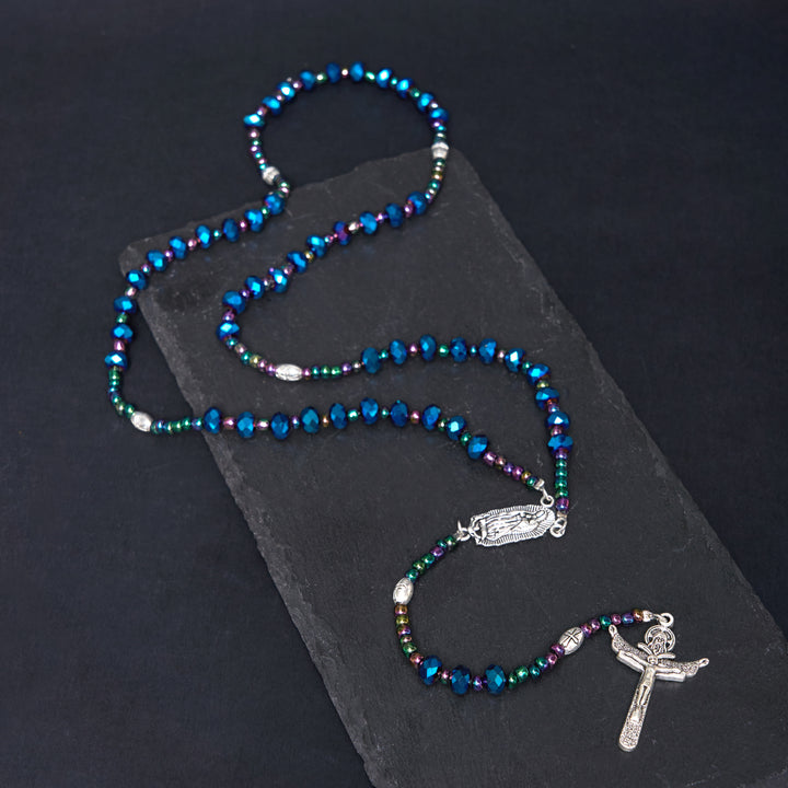 Christianartworkshop Our Lady of Guadalupe & Trinity Cross of 4*6 mm Polyhedron Blue Crystal Nylon Cord Rosary - Blue - image 1