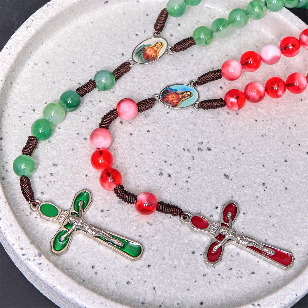 Christianartworkshop Immaculate Heart of Mary & Crucifix of 10 mm Round Green Acrylic Nylon Cord Rosary - image 7