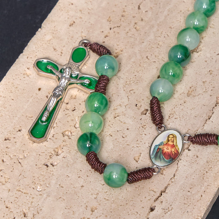 Christianartworkshop Immaculate Heart of Mary & Crucifix of 10 mm Round Green Acrylic Nylon Cord Rosary - image 5