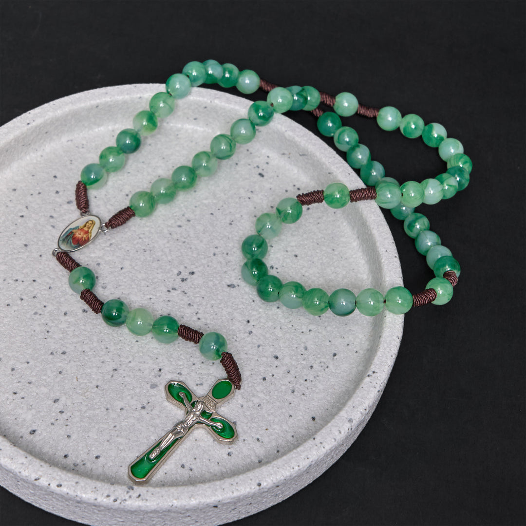 Christianartworkshop Immaculate Heart of Mary & Crucifix of 10 mm Round Green Acrylic Nylon Cord Rosary - image 3