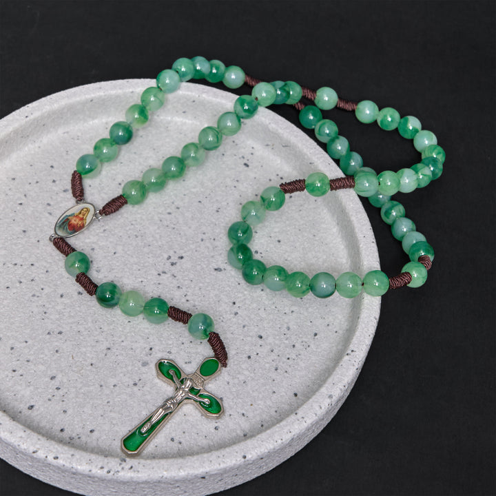 Christianartworkshop Immaculate Heart of Mary & Crucifix of 10 mm Round Green Acrylic Nylon Cord Rosary - image 3