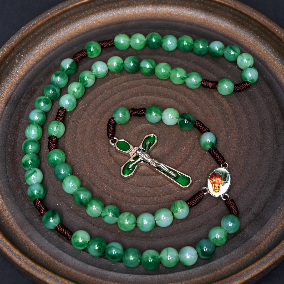 Christianartworkshop Immaculate Heart of Mary & Crucifix of 10 mm Round Green Acrylic Nylon Cord Rosary - Green - image 1