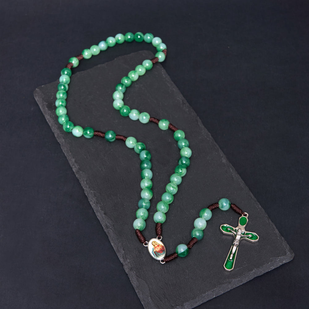 Christianartworkshop Immaculate Heart of Mary & Crucifix of 10 mm Round Green Acrylic Nylon Cord Rosary - image 2