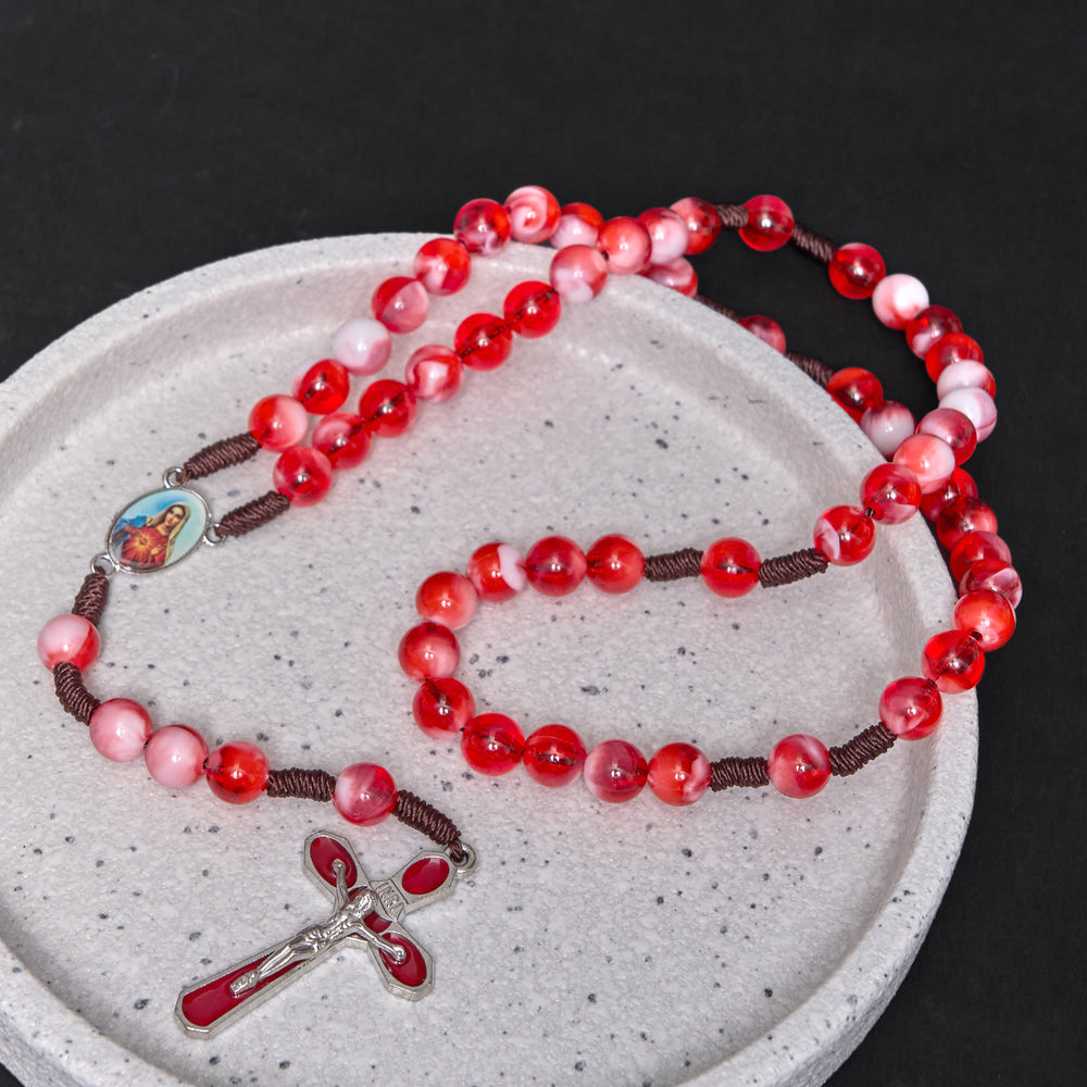 Christianartworkshop Immaculate Heart of Mary & Crucifix of 10 mm Round Red Acrylic Nylon Cord Rosary - image 2