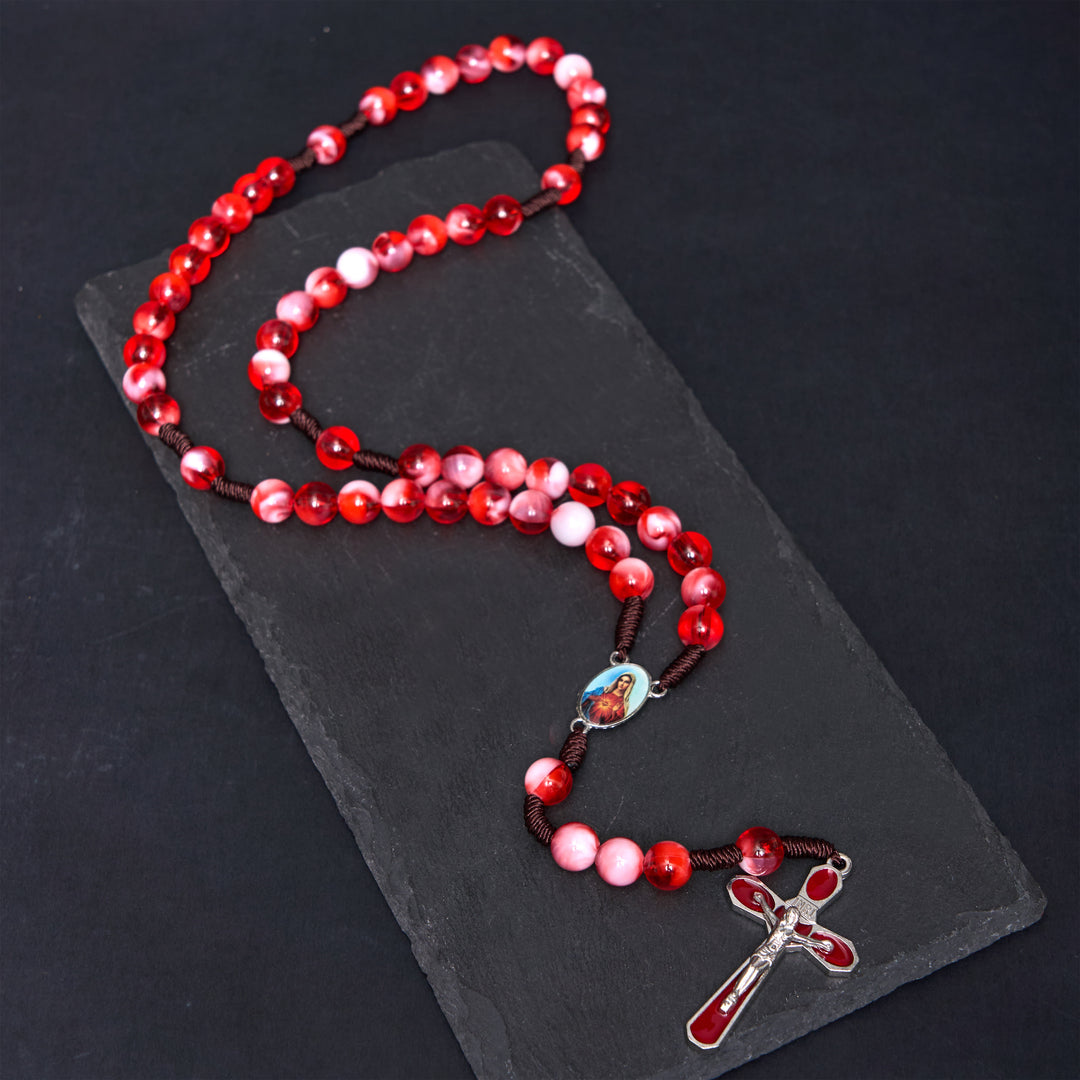 Christianartworkshop Immaculate Heart of Mary & Crucifix of 10 mm Round Red Acrylic Nylon Cord Rosary - Red - image 1
