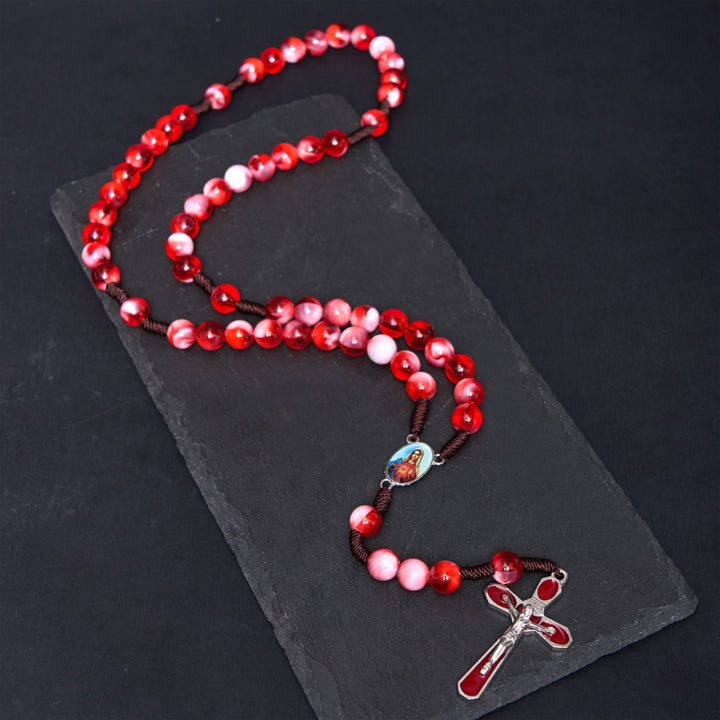 Christianartworkshop Immaculate Heart of Mary & Crucifix of 10 mm Round Red Acrylic Nylon Cord Rosary - Red - image 1