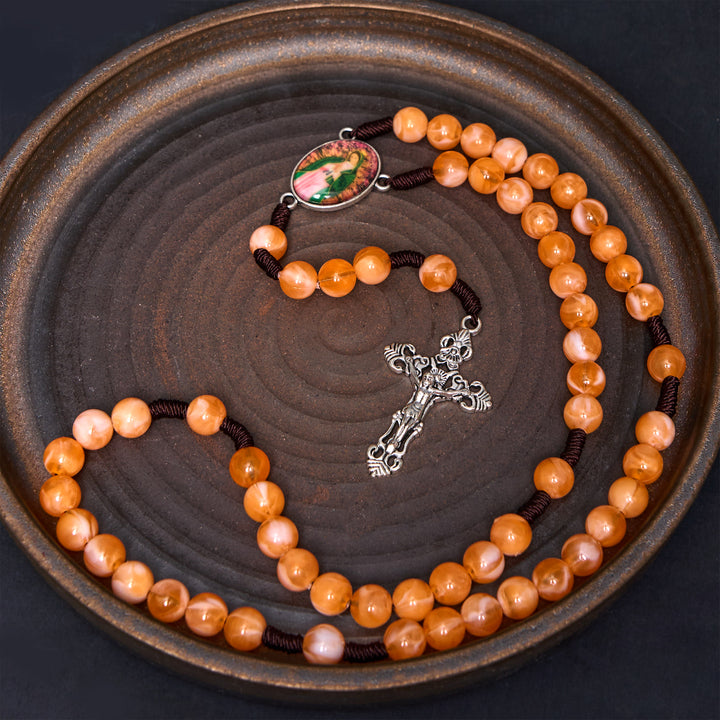 Christianartworkshop Our Lady of Guadalupe & Crucifix of 10 mm Round Orange Acrylic Nylon Cord Rosary - image 1