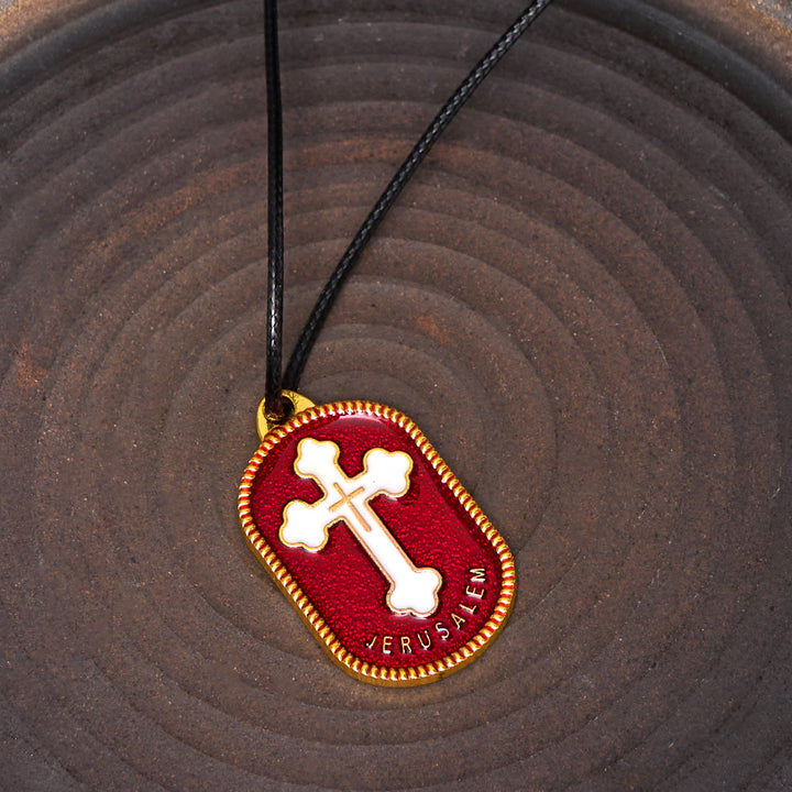 Christianartworkshop Modern Design Style Jerusalem Cross Protection Shield Pendant Necklace - Red - Leather Cord - image 2