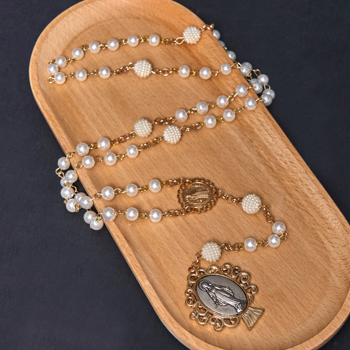 Christianartworkshop St. Benedict Medal & Miraculous Medal of 6*10 mm Round White Pearl Alloy Chain Rosary - image 4