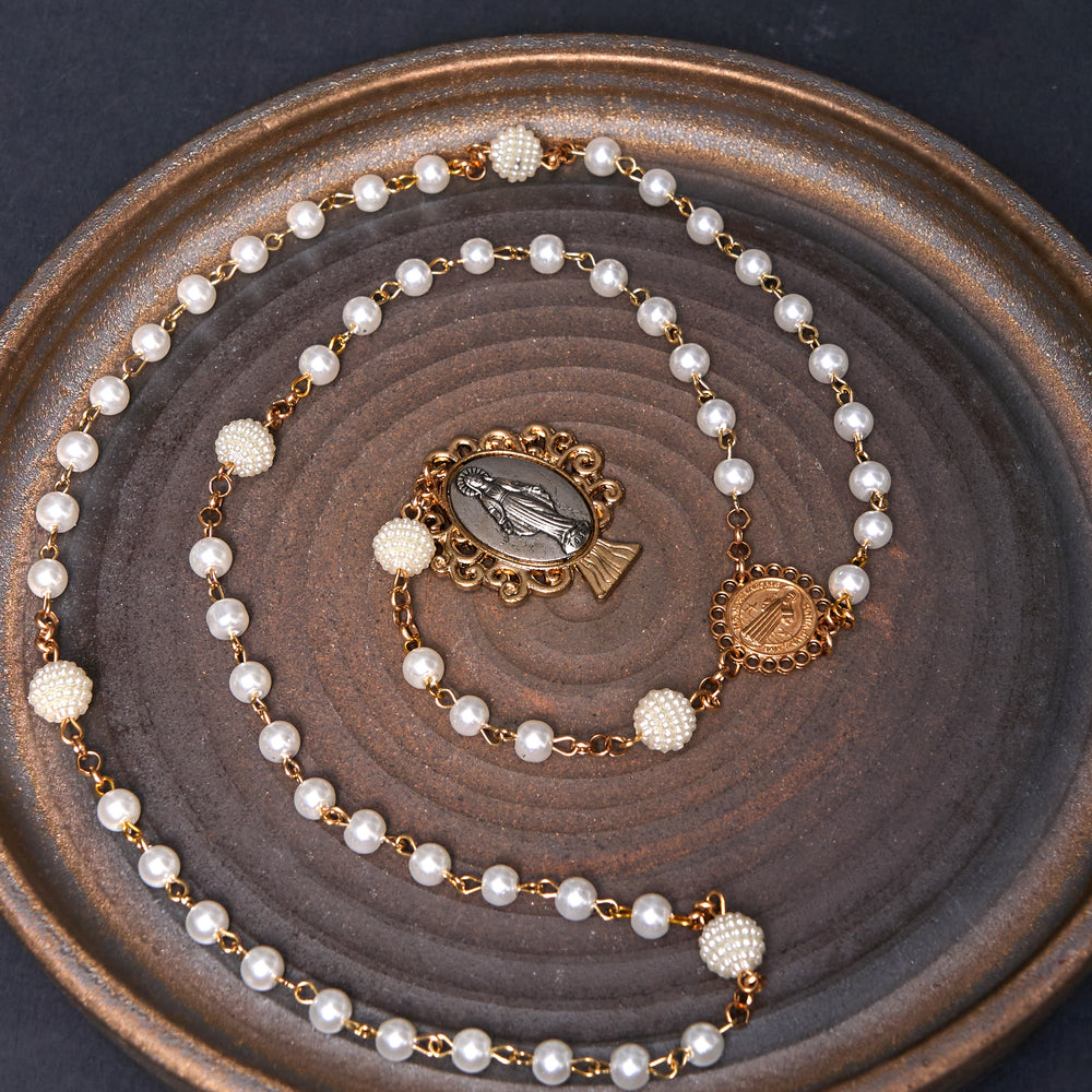 Christianartworkshop St. Benedict Medal & Miraculous Medal of 6*10 mm Round White Pearl Alloy Chain Rosary - image 2