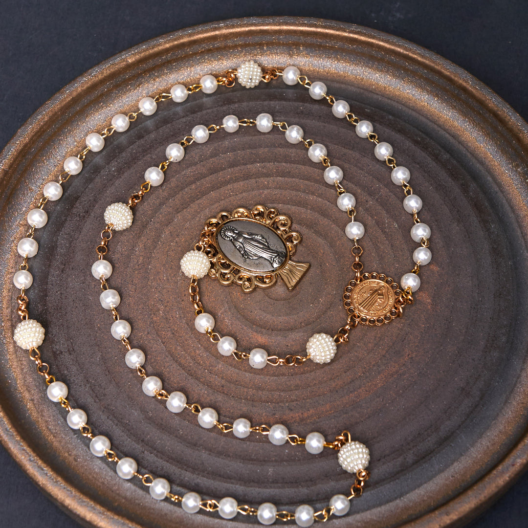 Christianartworkshop St. Benedict Medal & Miraculous Medal of 6*10 mm Round White Pearl Alloy Chain Rosary - image 2