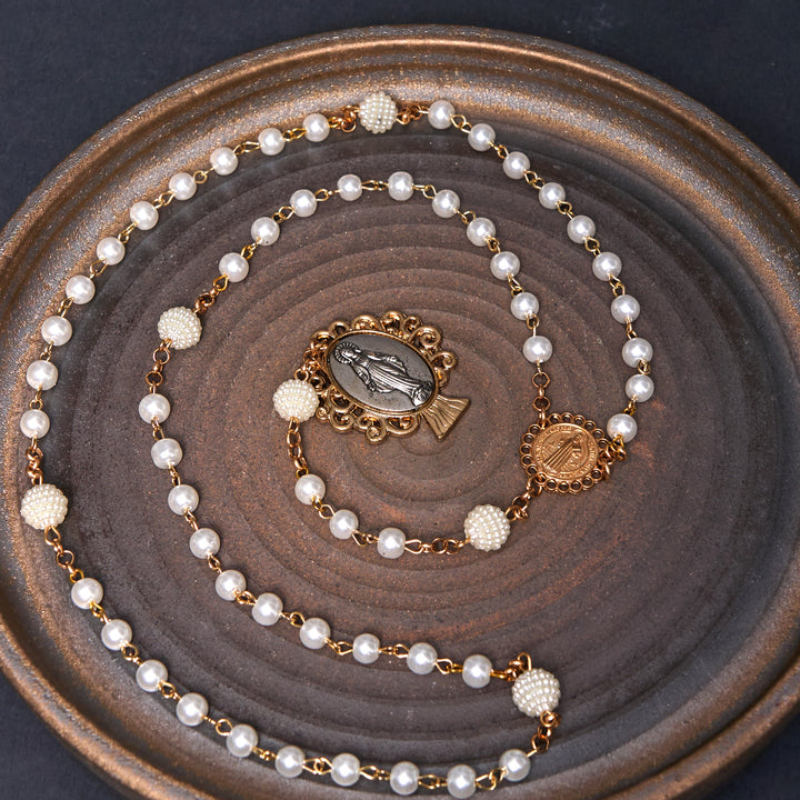 Christianartworkshop St. Benedict Medal & Miraculous Medal of 6*10 mm Round White Pearl Alloy Chain Rosary - image 2