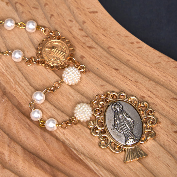 Christianartworkshop St. Benedict Medal & Miraculous Medal of 6*10 mm Round White Pearl Alloy Chain Rosary - image 5