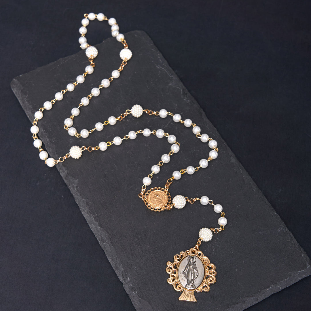 Christianartworkshop St. Benedict Medal & Miraculous Medal of 6*10 mm Round White Pearl Alloy Chain Rosary - image 3