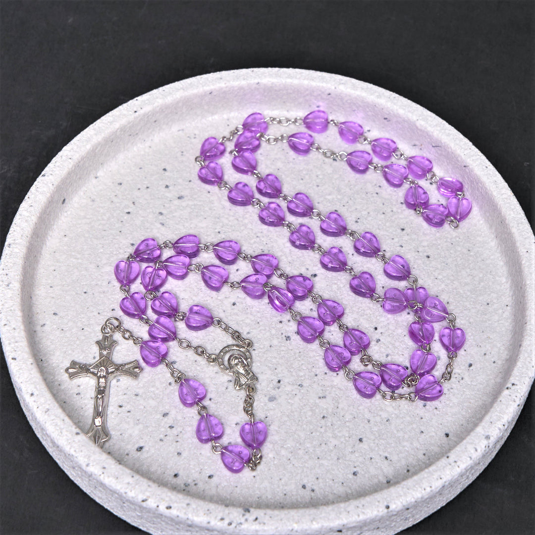 Christianartworkshop Our Lady of the Rosary & Crucifix of 8 mm Heart Purple Acrylic Alloy Chain Rosary - Purple - image 1