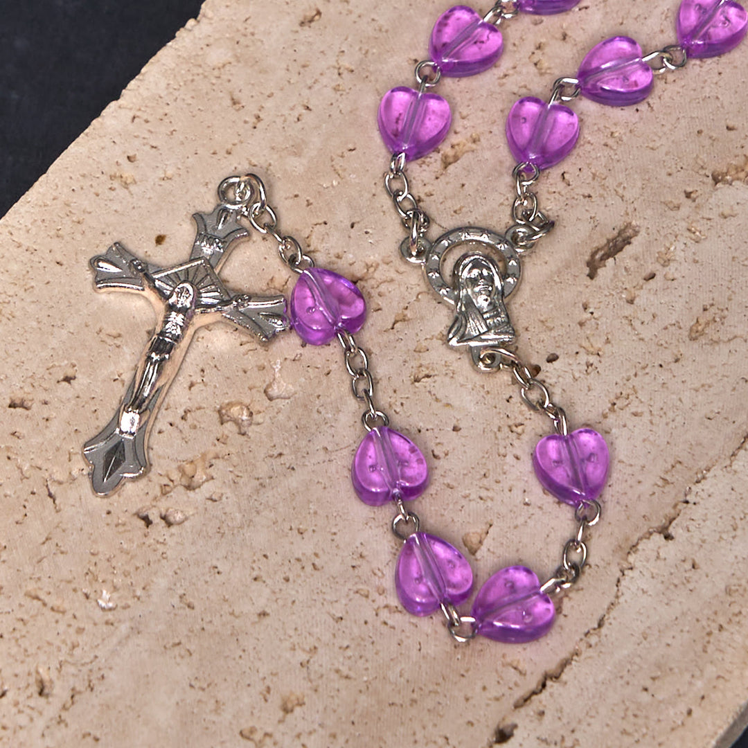 Christianartworkshop Our Lady of the Rosary & Crucifix of 8 mm Heart Purple Acrylic Alloy Chain Rosary - image 5