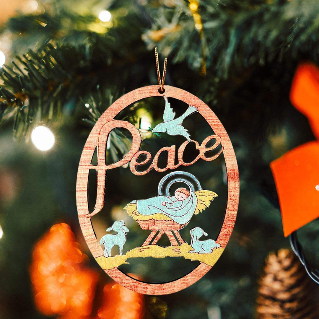 Christianartworkshop Rustic Colored Style Peace Nativity Scene Oval Christmas Nativity Hanging Ornaments - Nativity Scene - image 1