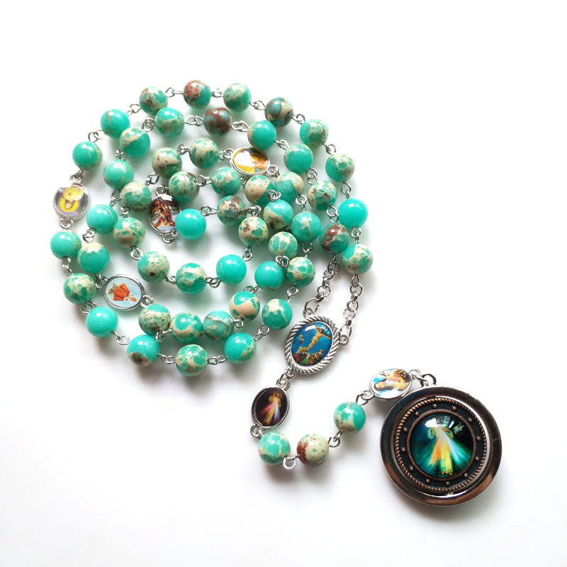 Christianartworkshop Crucifix & Madonna and Child of 8 mm Round Green Snakeskin Stone Alloy Chain Rosary - image 4