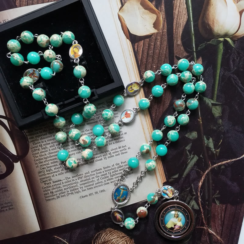Christianartworkshop Crucifix & Madonna and Child of 8 mm Round Green Snakeskin Stone Alloy Chain Rosary - Green - image 1