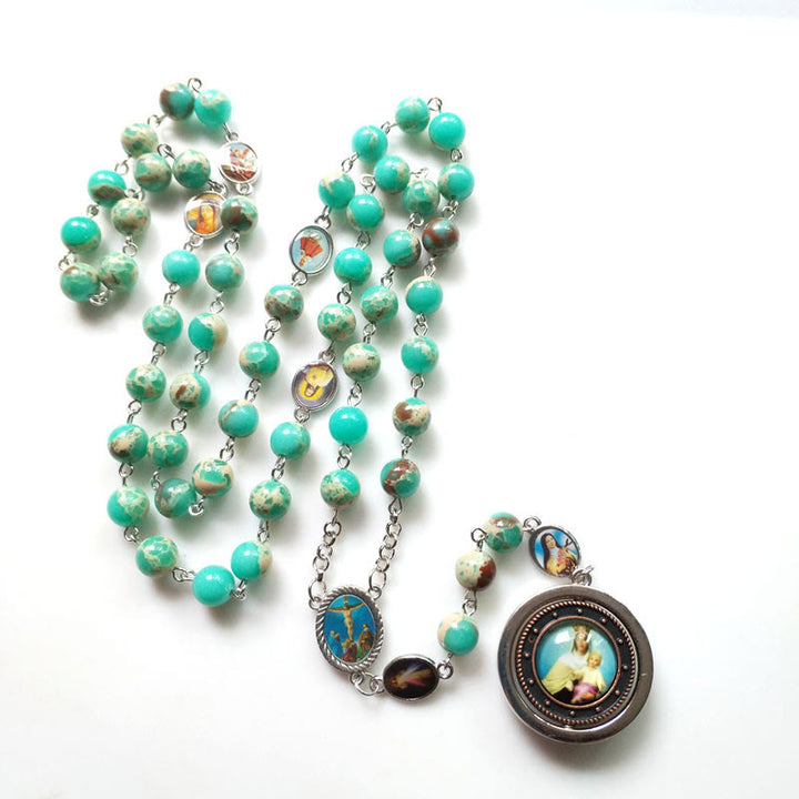 Christianartworkshop Crucifix & Madonna and Child of 8 mm Round Green Snakeskin Stone Alloy Chain Rosary - image 3