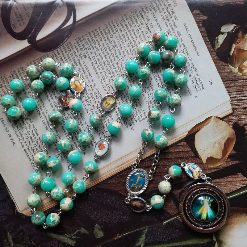 Christianartworkshop Crucifix & Madonna and Child of 8 mm Round Green Snakeskin Stone Alloy Chain Rosary - image 2