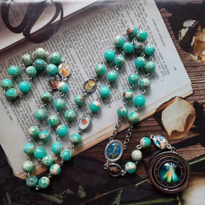 Christianartworkshop Crucifix & Madonna and Child of 8 mm Round Green Snakeskin Stone Alloy Chain Rosary - image 2