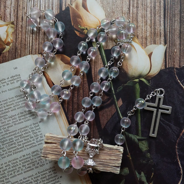 Christianartworkshop Holy Grail & Cross of 8 mm Round Multicolor Glass Alloy Chain Rosary - Clear - image 1