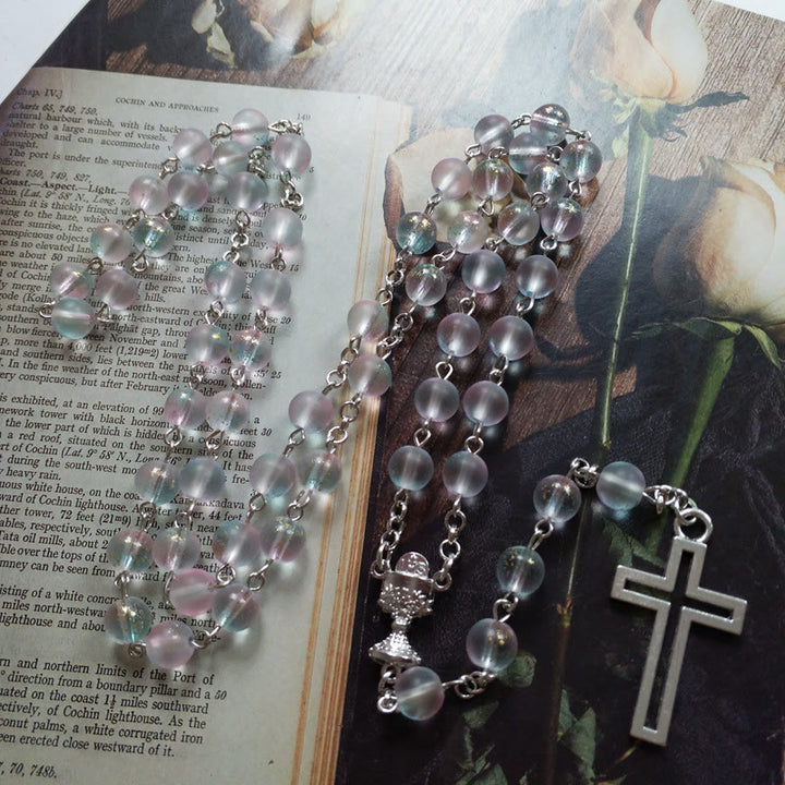 Christianartworkshop Holy Grail & Cross of 8 mm Round Multicolor Glass Alloy Chain Rosary - image 2