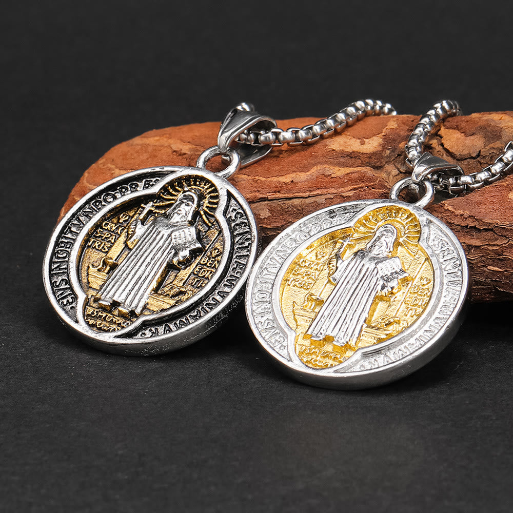 Christianartworkshop Classic Retro Style Crafted St. Benedict Sacred Protection Pendant Necklace - Silver&Gold - image 1