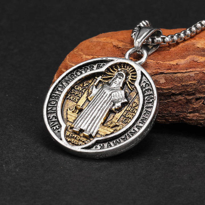 Christianartworkshop Classic Retro Style Crafted St. Benedict Sacred Protection Pendant Necklace - Retro Silver&Gold - image 3