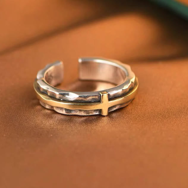 Christianartworkshop Retro Minimalist Style Two-Tone Cross Blessing Ring - image 4