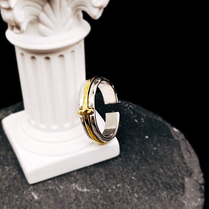 Christianartworkshop Retro Minimalist Style Two-Tone Cross Blessing Ring - image 2