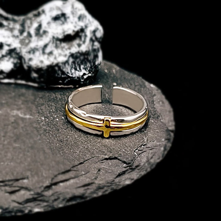 Christianartworkshop Retro Minimalist Style Two-Tone Cross Blessing Ring - Adjustable - image 1