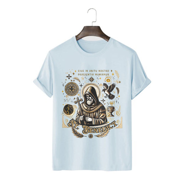 Christianartworkshop Classic Style St. Benedict Blessing Graphic Short Sleeve T-shirt - Blue - 2XL - image 15