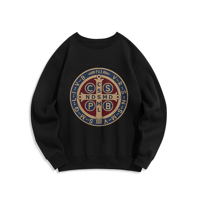Christianartworkshop Classic Colored Style St. Benedict Protector Fleece Lined Polyester Sweatshirt - Crewneck Sweatshirt - Black - 2XL - image 1