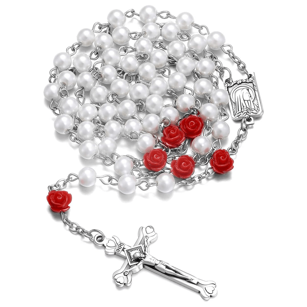 Christianartworkshop Madonna in Profile & Crucifix of 6 mm Rose Round Multicolor Pearl Alloy Chain Rosary(8 colors) - White - image 2