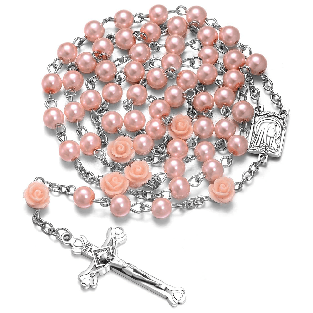 Christianartworkshop Madonna in Profile & Crucifix of 6 mm Rose Round Multicolor Pearl Alloy Chain Rosary(8 colors) - Pink - image 1